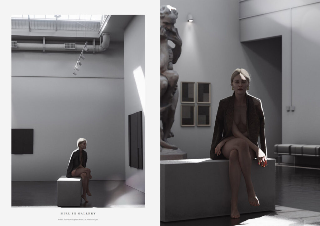 A woman sits contemplatively in a modern art gallery with a statue in the background and minimalist artworks on the walls.